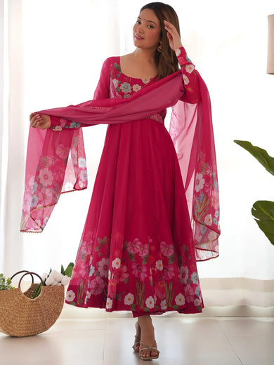 Incredible Pink Floral Printed Organza Festival Wear Anarkali Suit